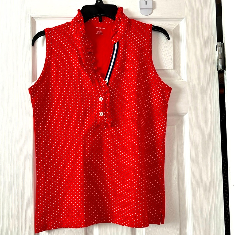 Lands End Top Blouse Tank top Shirt Size Small Red White Polka Dot Ruffle NWOT